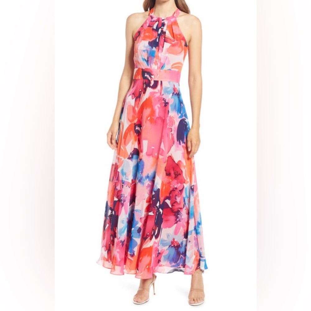 Eliza J NWT Watercolor Floral Maxi Dress High Neck Halter Size 10